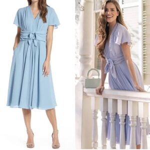 Gal Meets Glam Jane Tie Waist Flutter Sleeve Midi Dress size 4